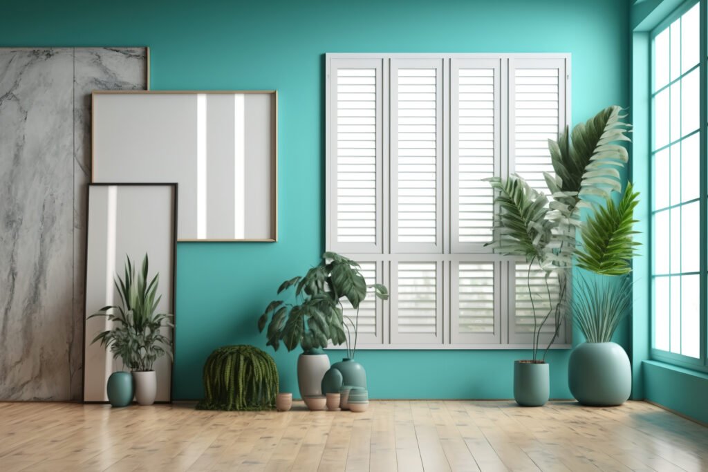 A chic empty space with picture windows, a parquet wood floor, vintage shutters, and potted plants. A design idea for a room with a turquoise background and text space