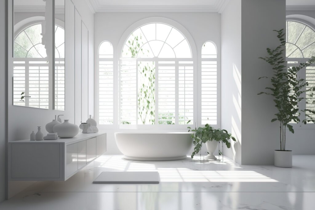 Interior of a white luxury bathroom with a concrete floor, tall windows with white shutters, and a white tub. an angle